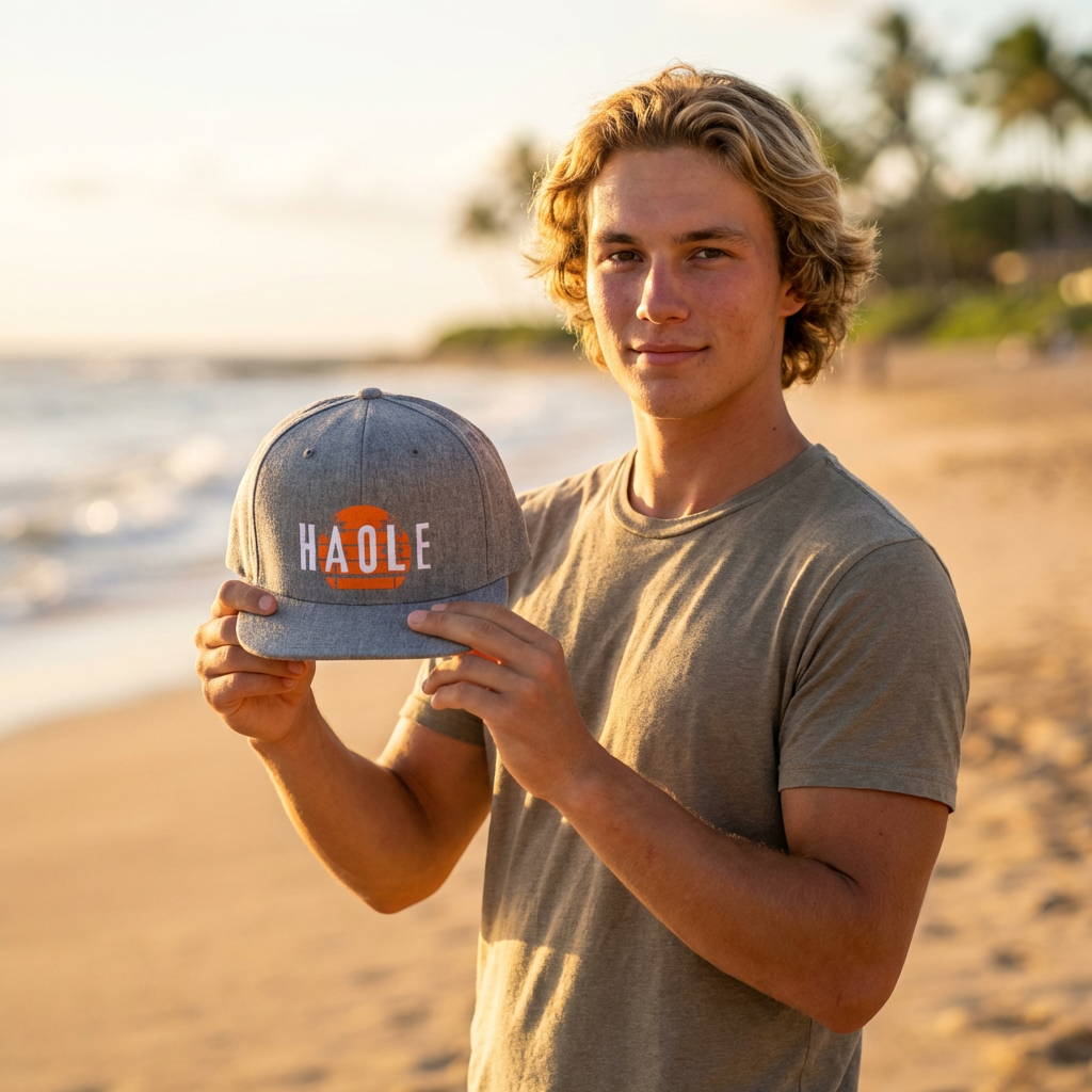 Snapback hat with 'HAOLE' text and sunset graphic design - Island Drops hat collection | Unisex snapback cap