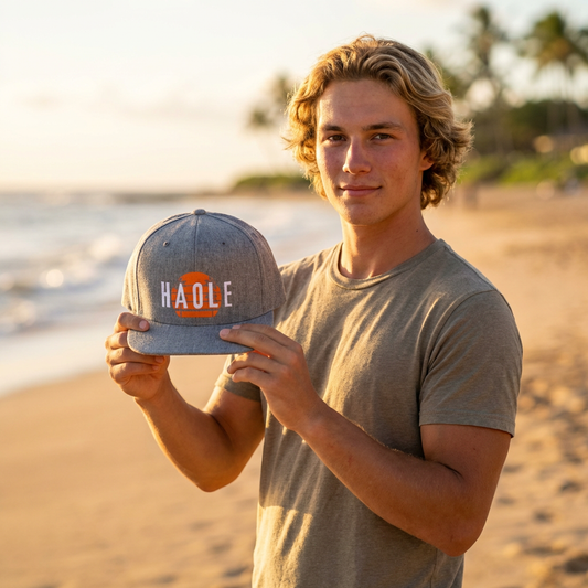 Snapback hat with 'HAOLE' text and sunset graphic design - Island Drops hat collection | Unisex snapback cap