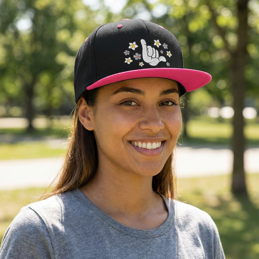 Person wearing a black and pink cap with hang loose floral graphic design - Island Drops hat collection | Unisex snapback cap