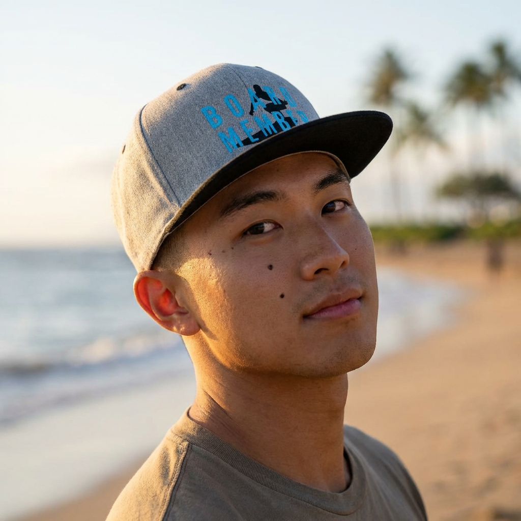 Person wearing a gray and black cap with 'BOARD MEMBER' text and a surfer graphic design - Island Drops hat collection | Unisex snapback cap