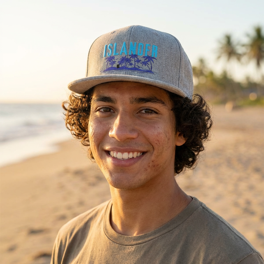 Person wearing a gray cap with 'ISLANDER' text and palm trees and island graphic design - Island Drops hat collection | Unisex snapback cap