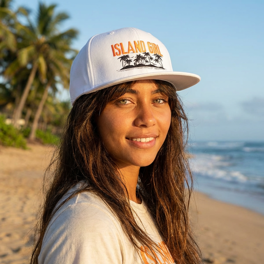 Person wearing a white cap with 'ISLAND GIRL' text and palm trees and island graphic design - Island Drops hat collection | Unisex snapback cap
