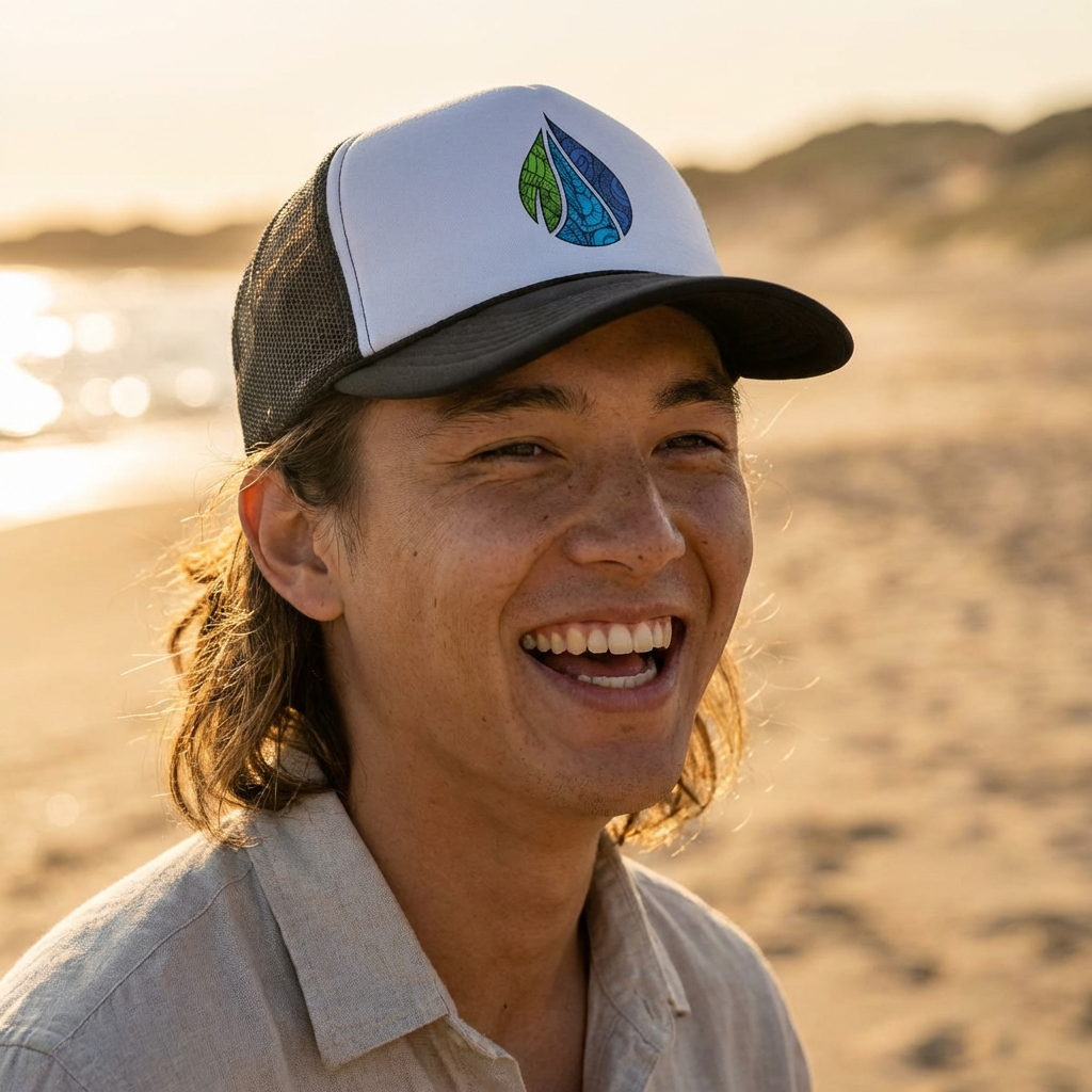 Person wearing a black and white cap with the Island Drops logo - Island Drops hat collection | Unisex trucker cap, trucker hat