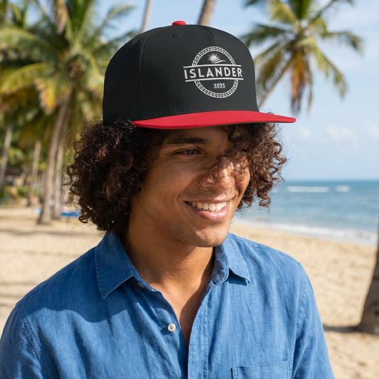 Black and red cap with 'ISLANDER' text and sunset graphic design - Island Drops hat collection | Unisex snapback caps