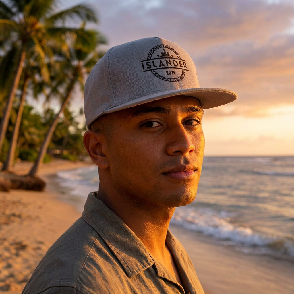 Person wearing gray cap with 'ISLANDER' text and filipino flag graphic design - Island Drops hat collection | Unisex snapback caps