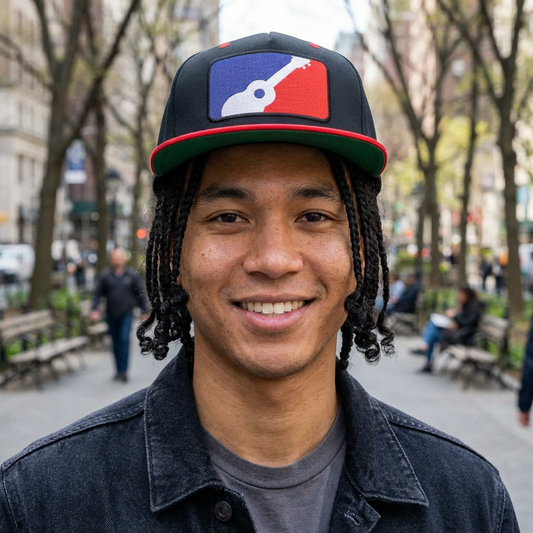 Person wearing a black and red cap with ukulele graphic design - Island Drops hat collection | Unisex snapback hat