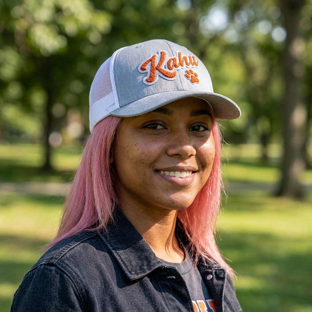 Person wearing a fray and white cap with 'Kahu' branding with paw print graphic design - Island Drops hat collection | Unisex trucker hat, trucker cap