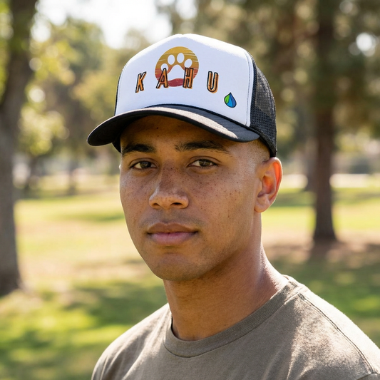 Person wearing a cap with 'KAHU' branding with sunset paw print graphic design - Island Drops hat collection | Unisex trucker hat, trucker cap
