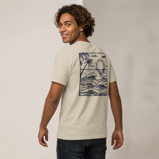 Sunset Sketch Tee back print in Sand color — linocut sunset design streetwear shirt