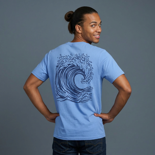 Wave Drop Tee back print in Carolina Blue color— big wave graphic Hawaiian streetwear design