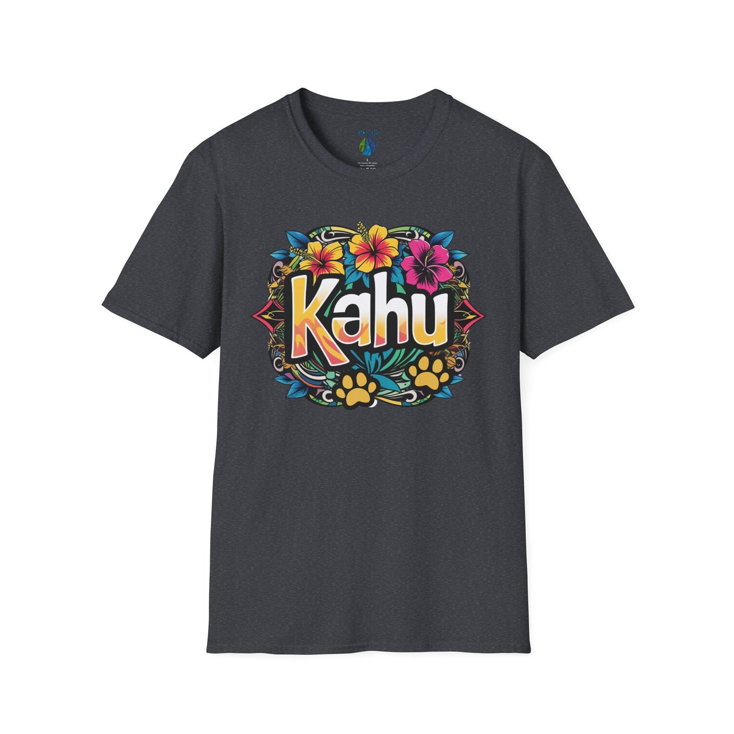 Gray t-shirt with colorful  'Kahu' graphic design with flowers and paw prints  - Island Drops t-shirt collection | Unisex t-shirt