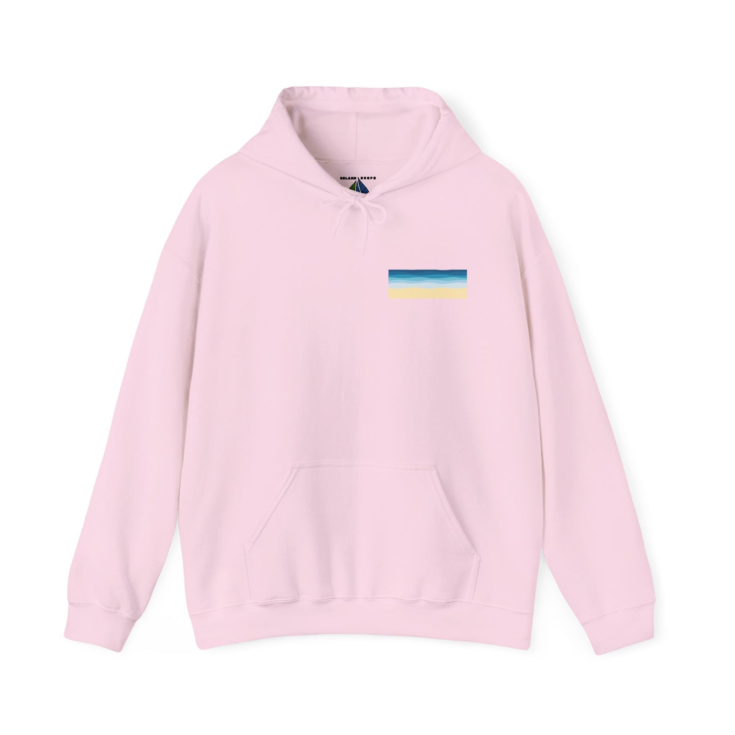 Pink hoodie with a stylized beach graphic with 'MOOD:  BEACHY' text - Island Drops hoodie collection | Unisex pullover