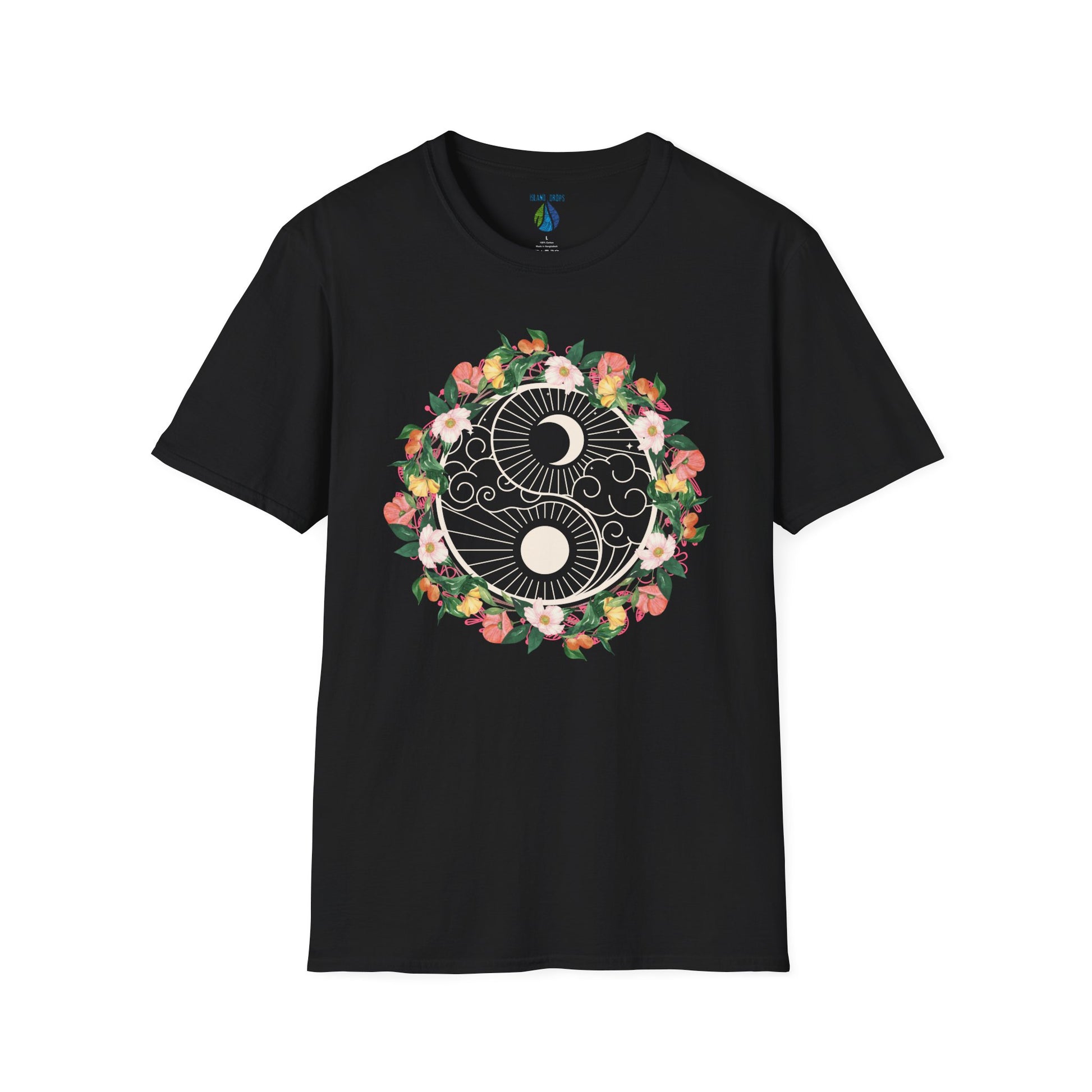 Black t-shirt with a floral yin yang design - Island Drops t-shirt collection | Unisex t-shirts