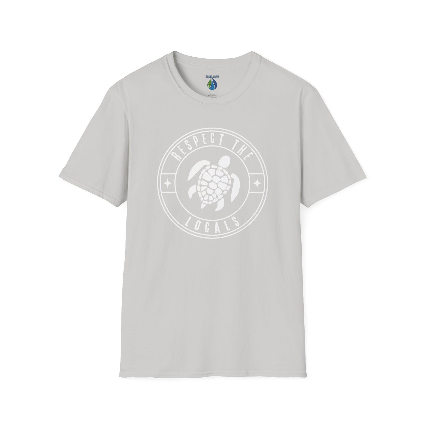 Gray t-shirt  with 'RESPECT THE LOCALS' text and stylized turtle graphic design - Island Drops t-shirt collection | Unisex t-shirts