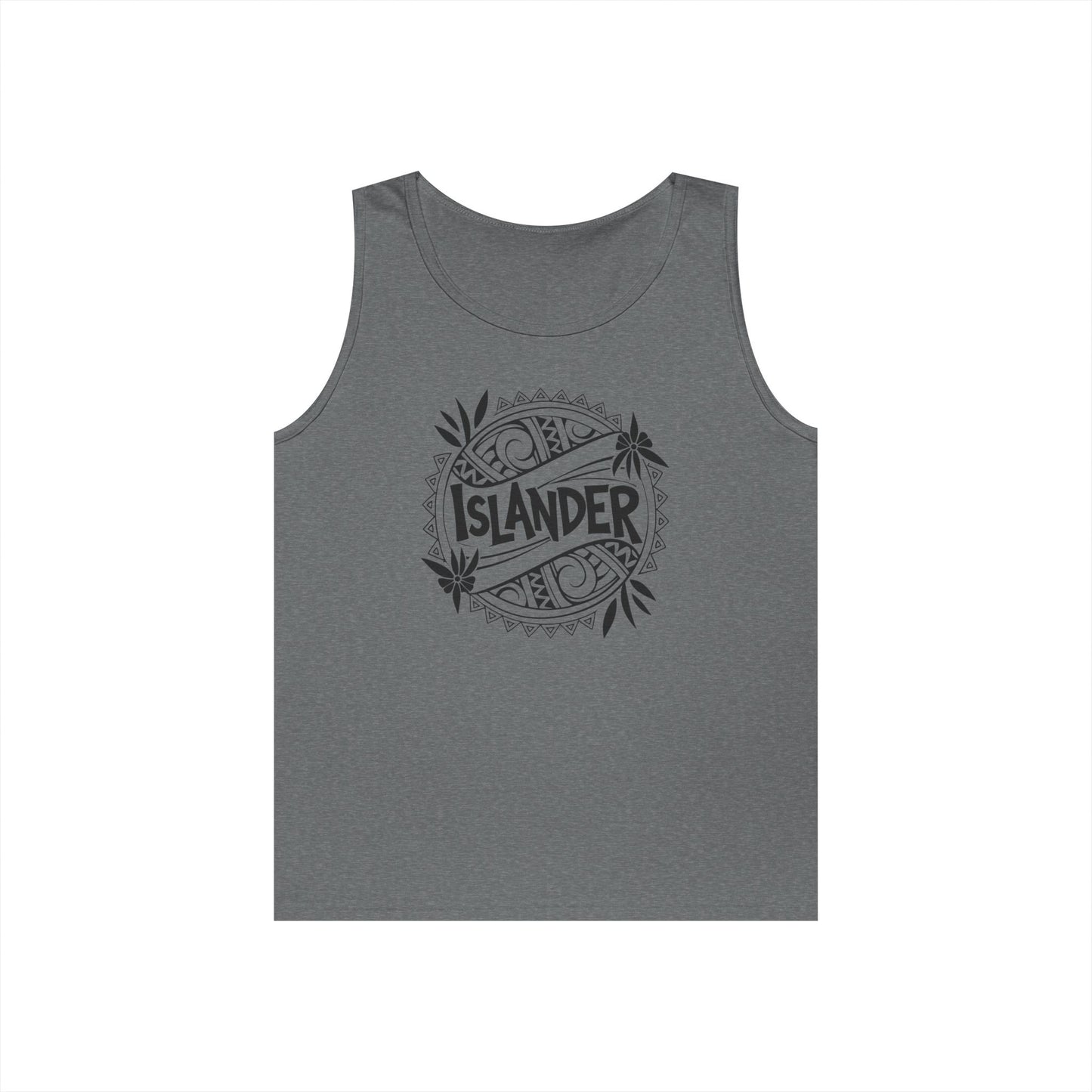 Gray tank top with 'Islander' graphic design - Island Drops tank tops collection | Unisex tank tops