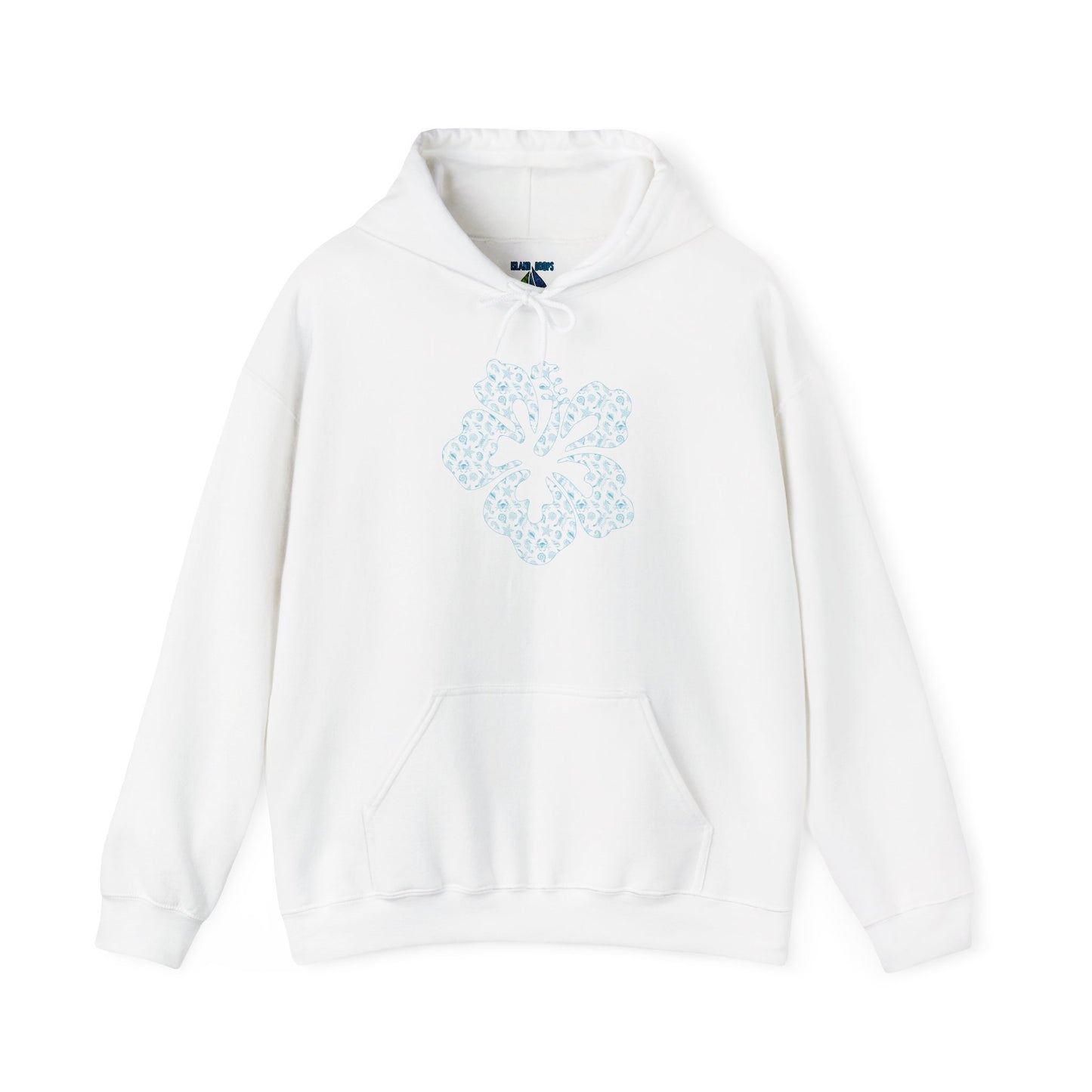 White hoodie with a blue hibiscus graphic design - Island Drops hoodie collection | Unisex pullover
