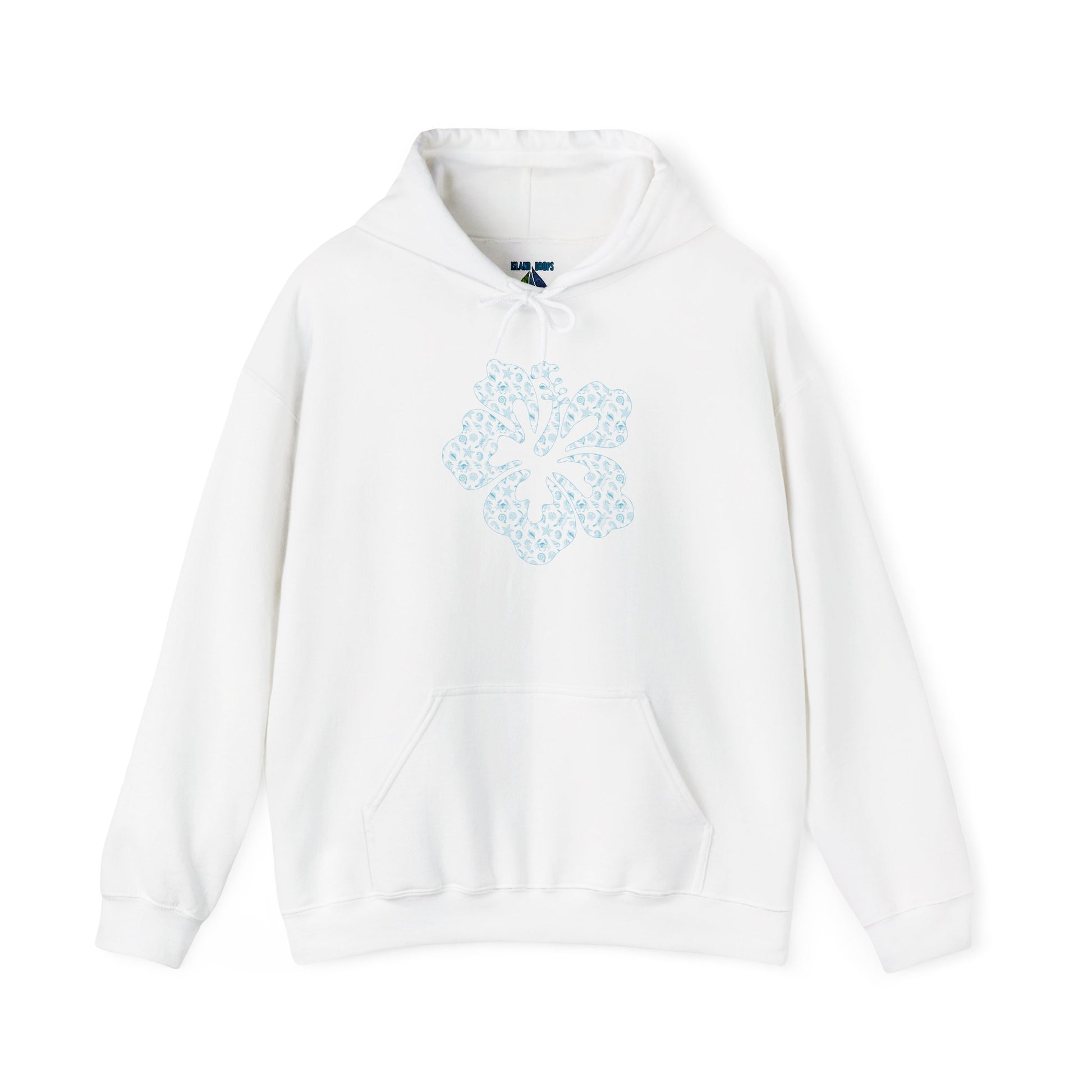 White hoodie with a blue hibiscus graphic design - Island Drops hoodie collection | Unisex pullover