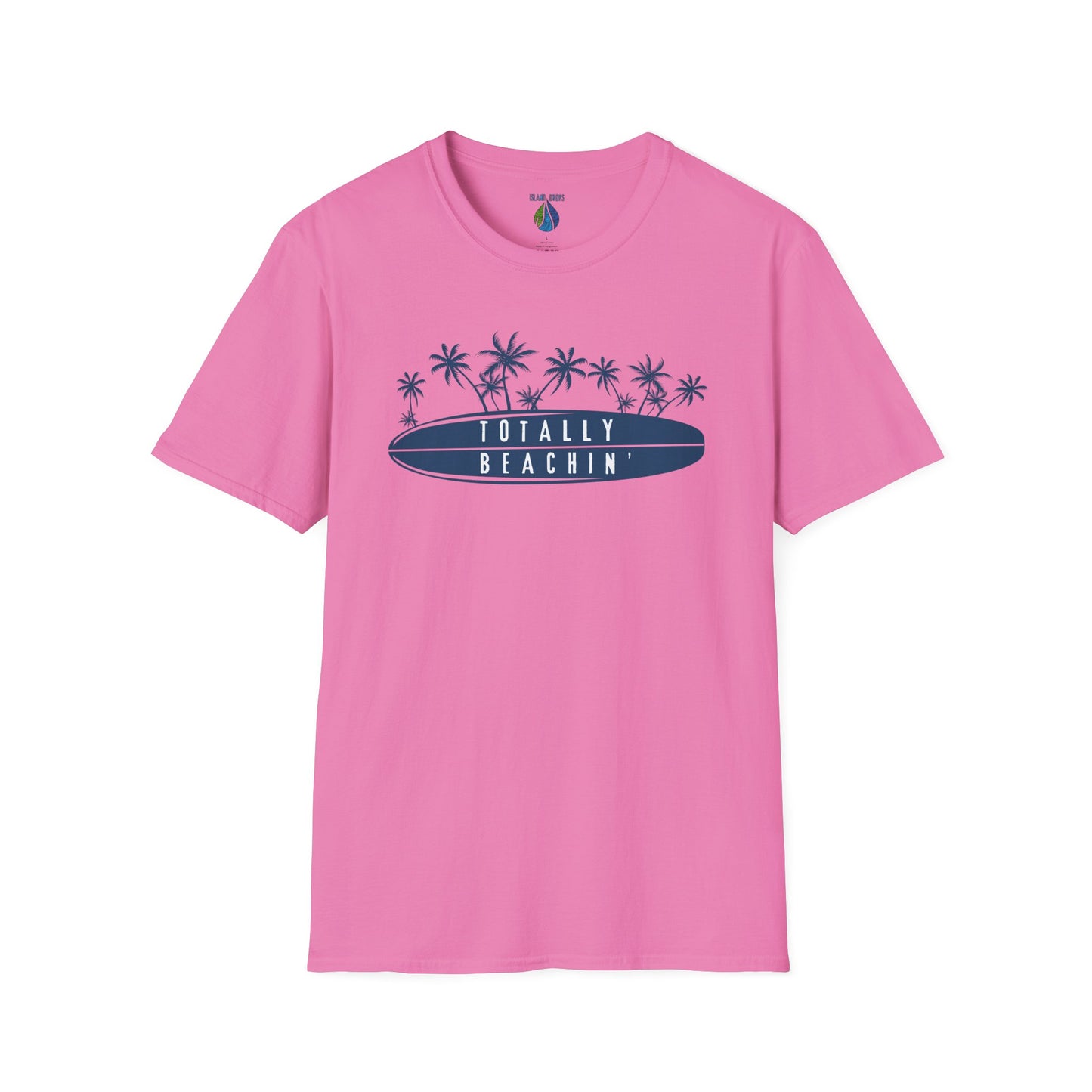 Pink  t-shirt  with 'TOTALLY BEACHIN' text and palm trees graphic design - Island Drops t-shirt collection | Unisex t-shirts
