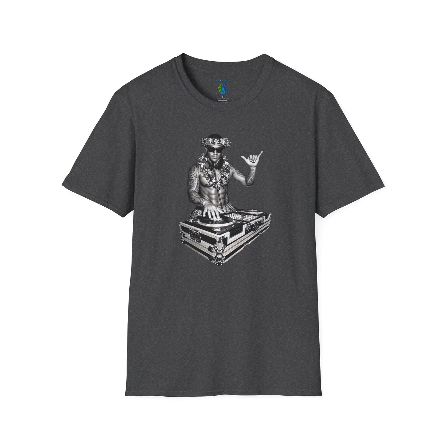 gray t-shirt with a male hula dancer as a DJ graphic design - Island Drops t-shirt collection | Unisex t-shirt