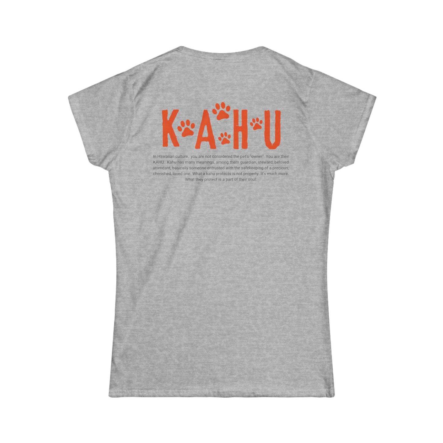 Gray women's cut t-shirt with  'Kahu' graphic design with Kahu meaning on the back - Island Drops Women's collection | Women's cut t-shirt