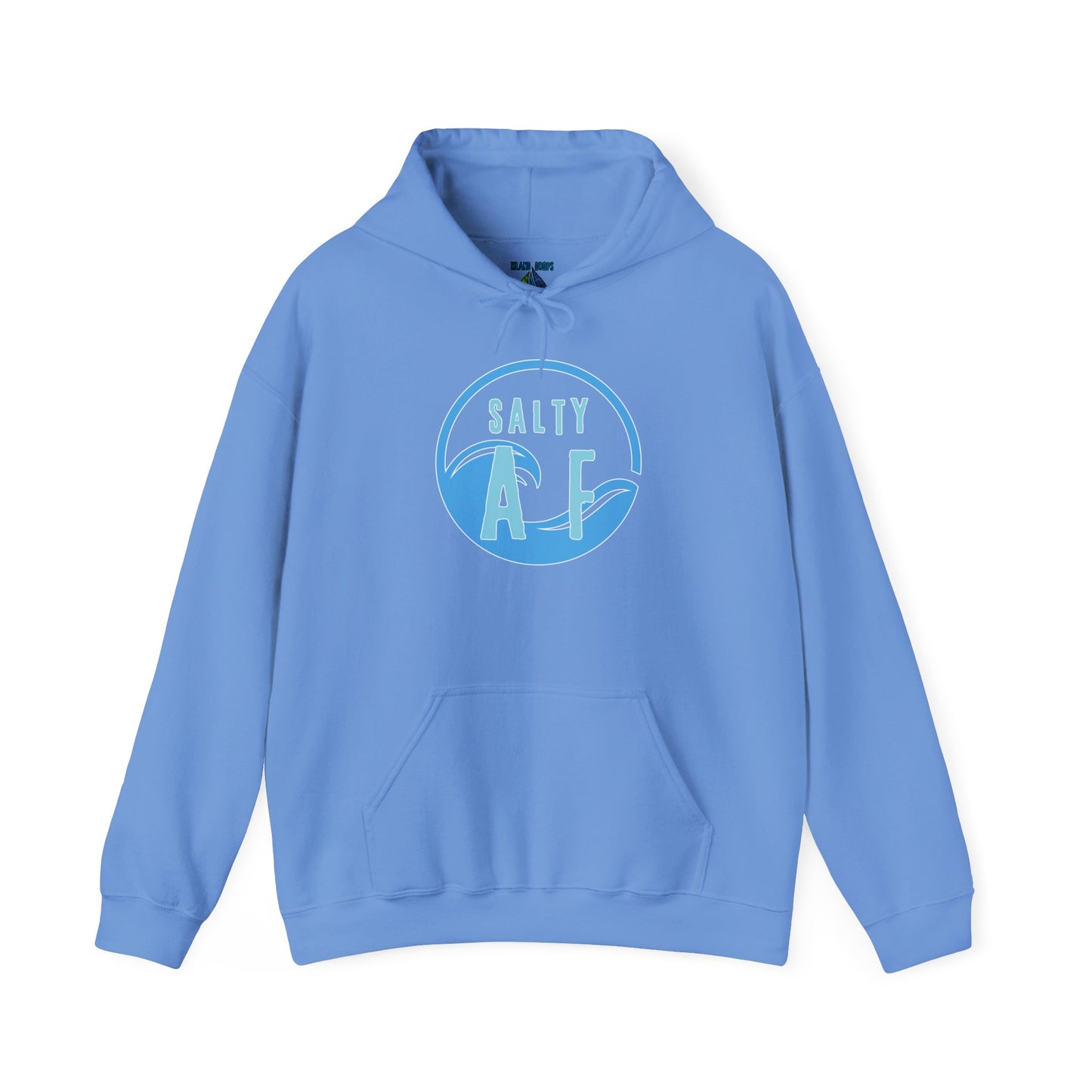 Blue hoodie with 'SALTY AF' text graphic design - Island Drops hoodie collection | Unisex pullover