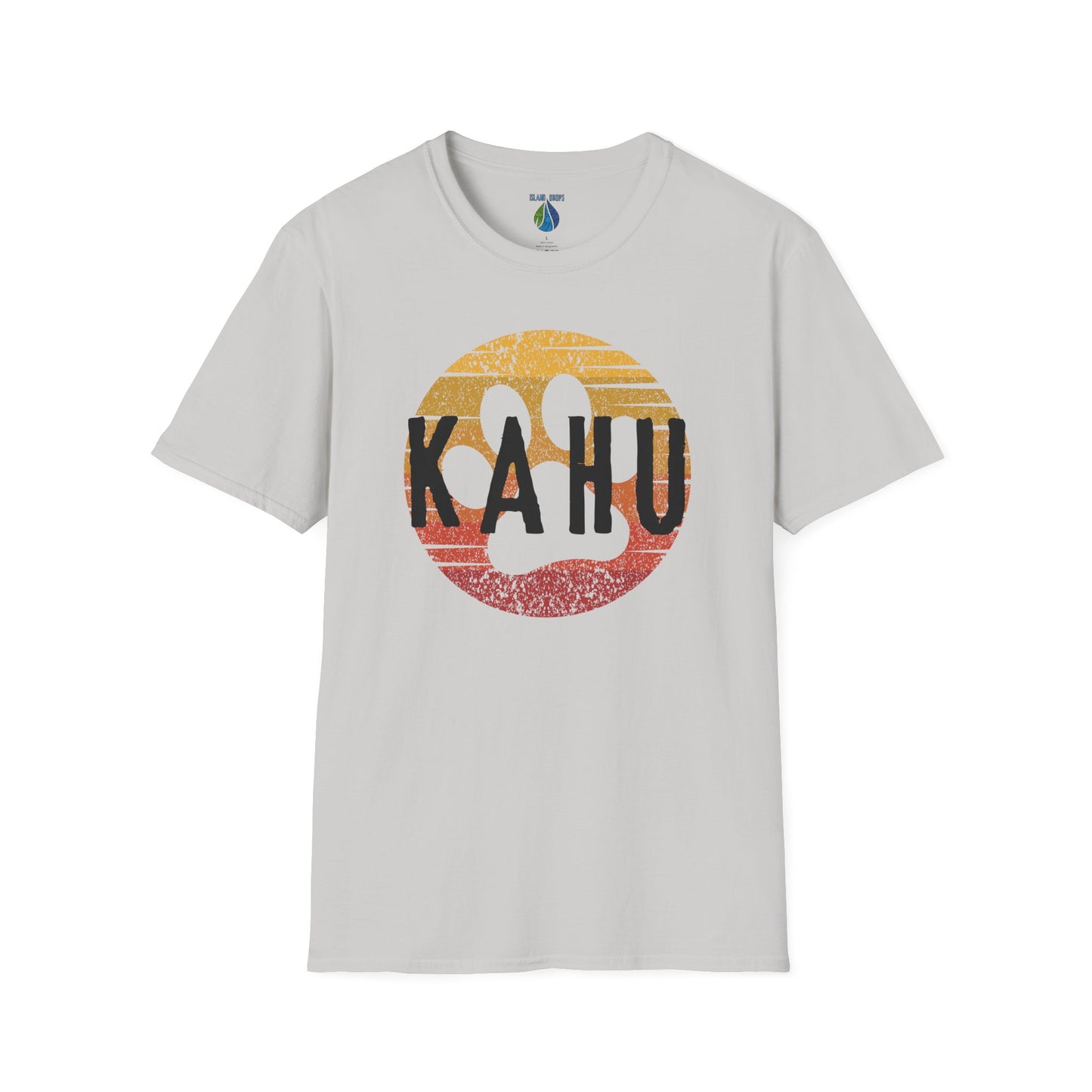 Gray t-shirt with 'KAHU' text and sunset paw print graphic design - Island Drops t-shirt collection | Unisex t-shirts