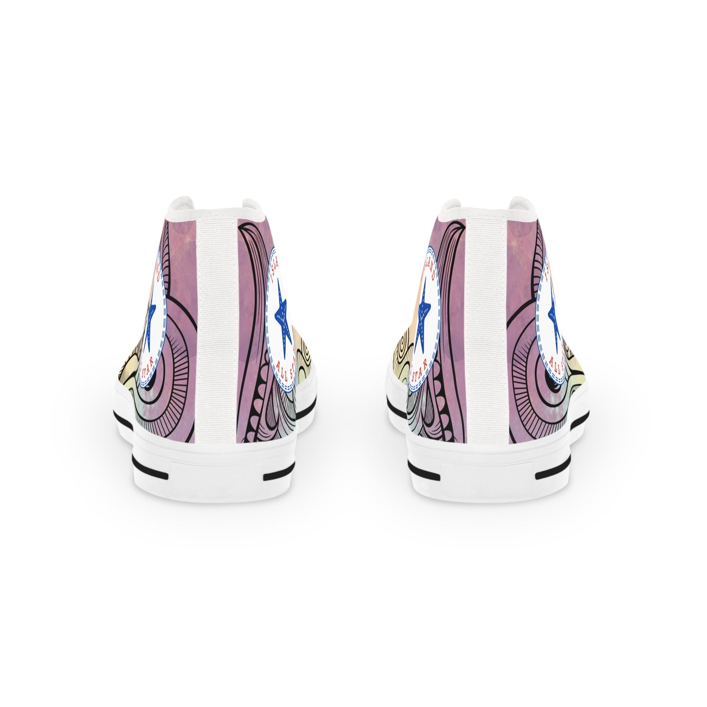 Red, orange, yellow colorful high-top sneakers with tribal tattoo graphic design, white soles - Island Drops shoes collection | Unisex High top shoes