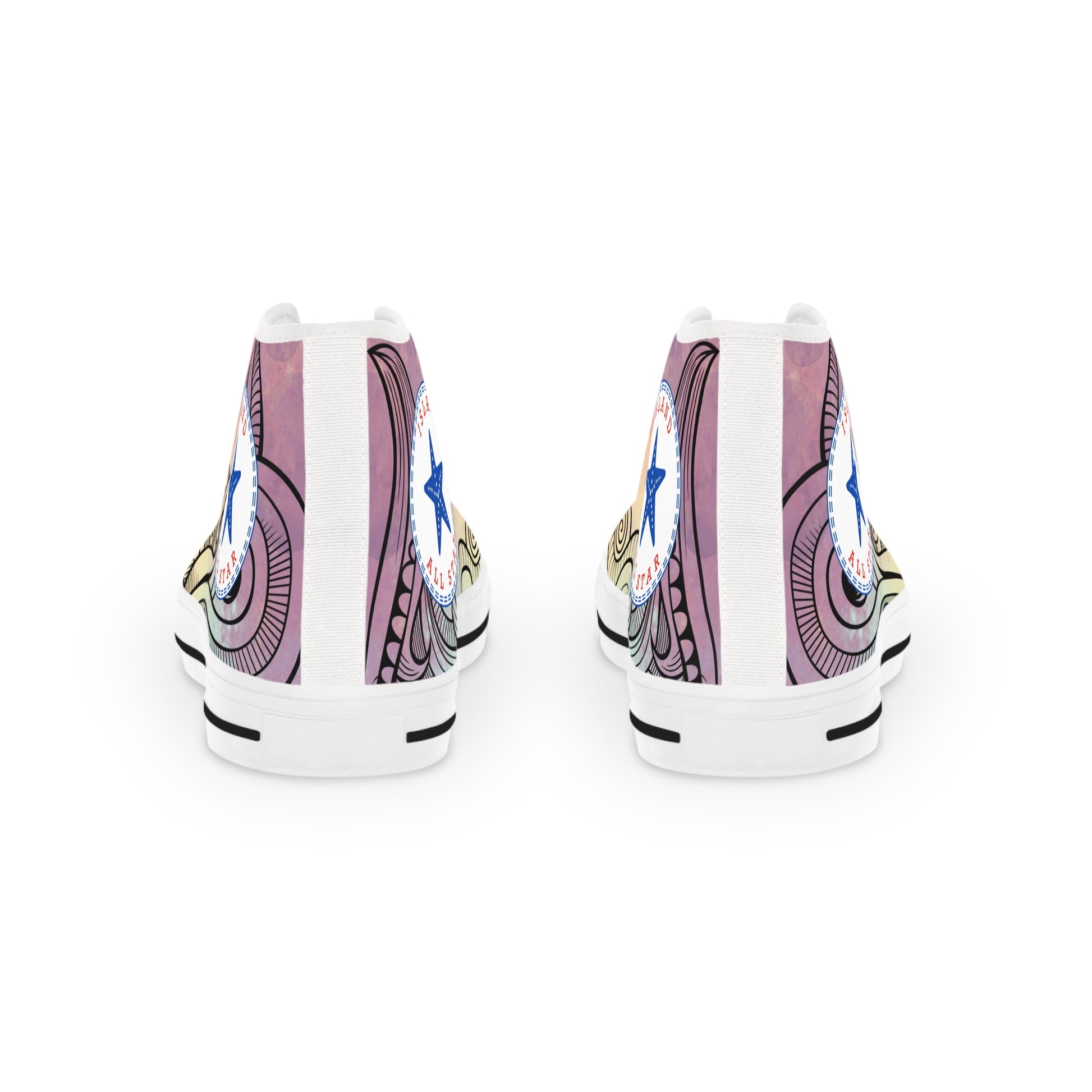 Red, orange, yellow colorful high-top sneakers with tribal tattoo graphic design, white soles - Island Drops shoes collection | Unisex High top shoes