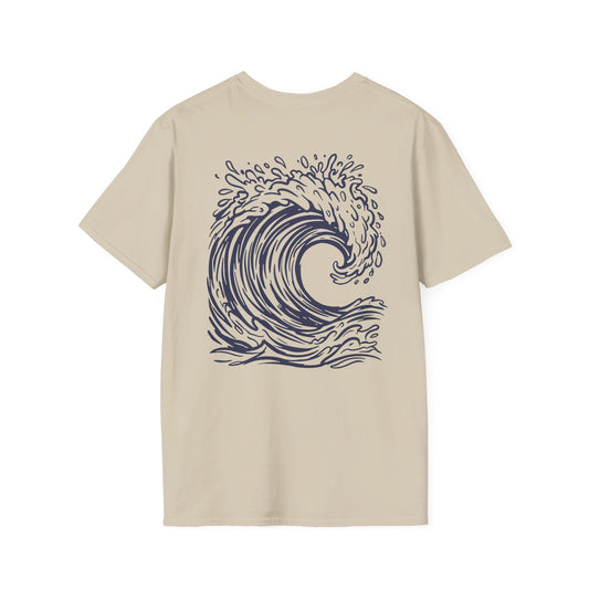 Wave Drop Tee back print in Sand color— big wave graphic Hawaiian streetwear design
