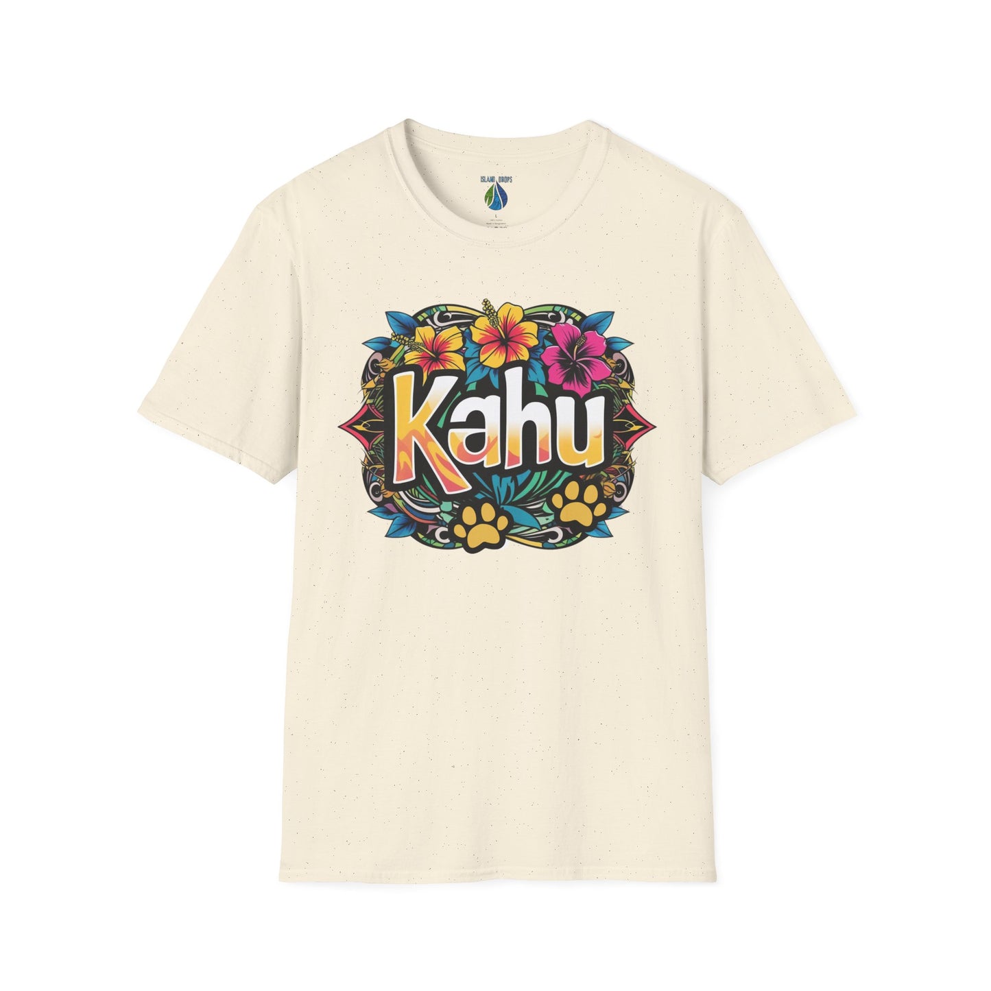 Beige t-shirt with colorful  'Kahu' graphic design with flowers and paw prints  - Island Drops t-shirt collection | Unisex t-shirt