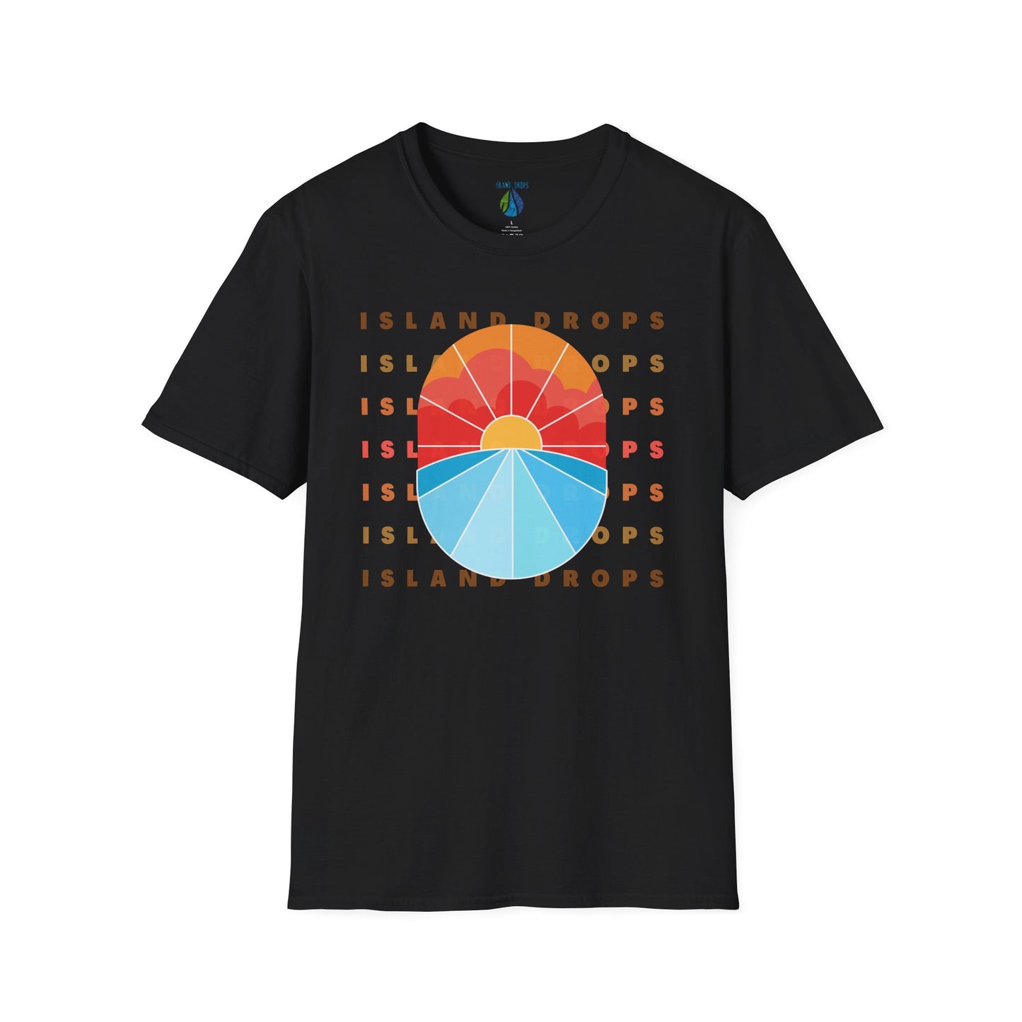 Black t-shirt  with 'ISLAND DROPS' text behind a graphic sunset - Island Drops t-shirt collection | Unisex t-shirts