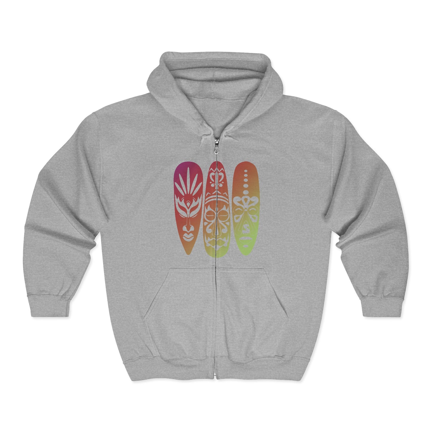 Gray full zip hoodie with tribal mask graphic design - Island Drops hoodie collection | Unisex zipper hoodie