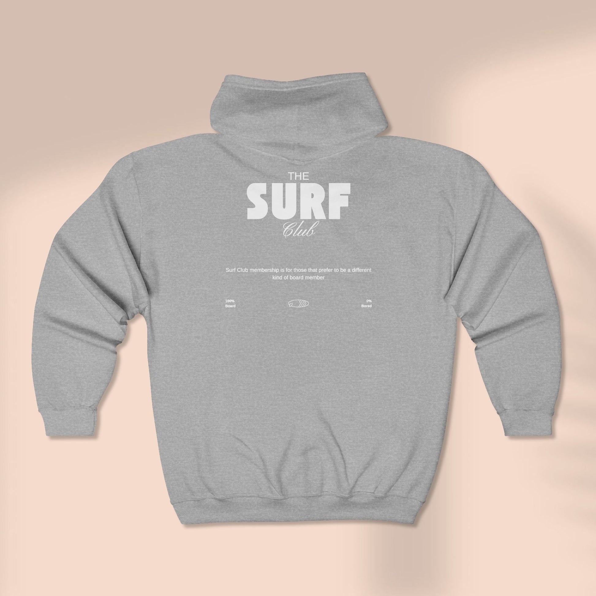 Back of full zip hoodie with  'THE SURF CLUB' text, 100% BOARD, 0% BORED - Island Drops hoodie collection | Unisex zipper hoodie