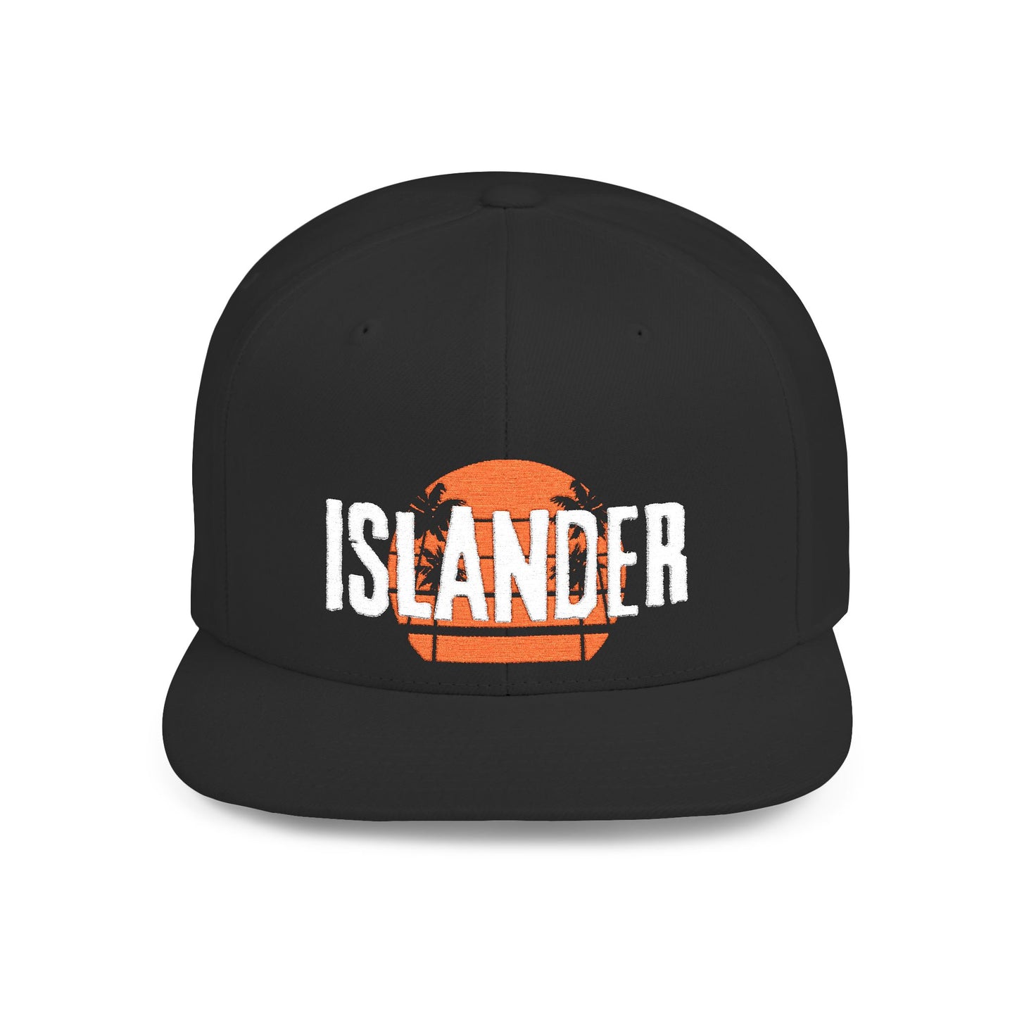 Black cap with 'ISLANDER' text with stylized sunset graphic design - Island Drops hat collection | Unisex snapback cap