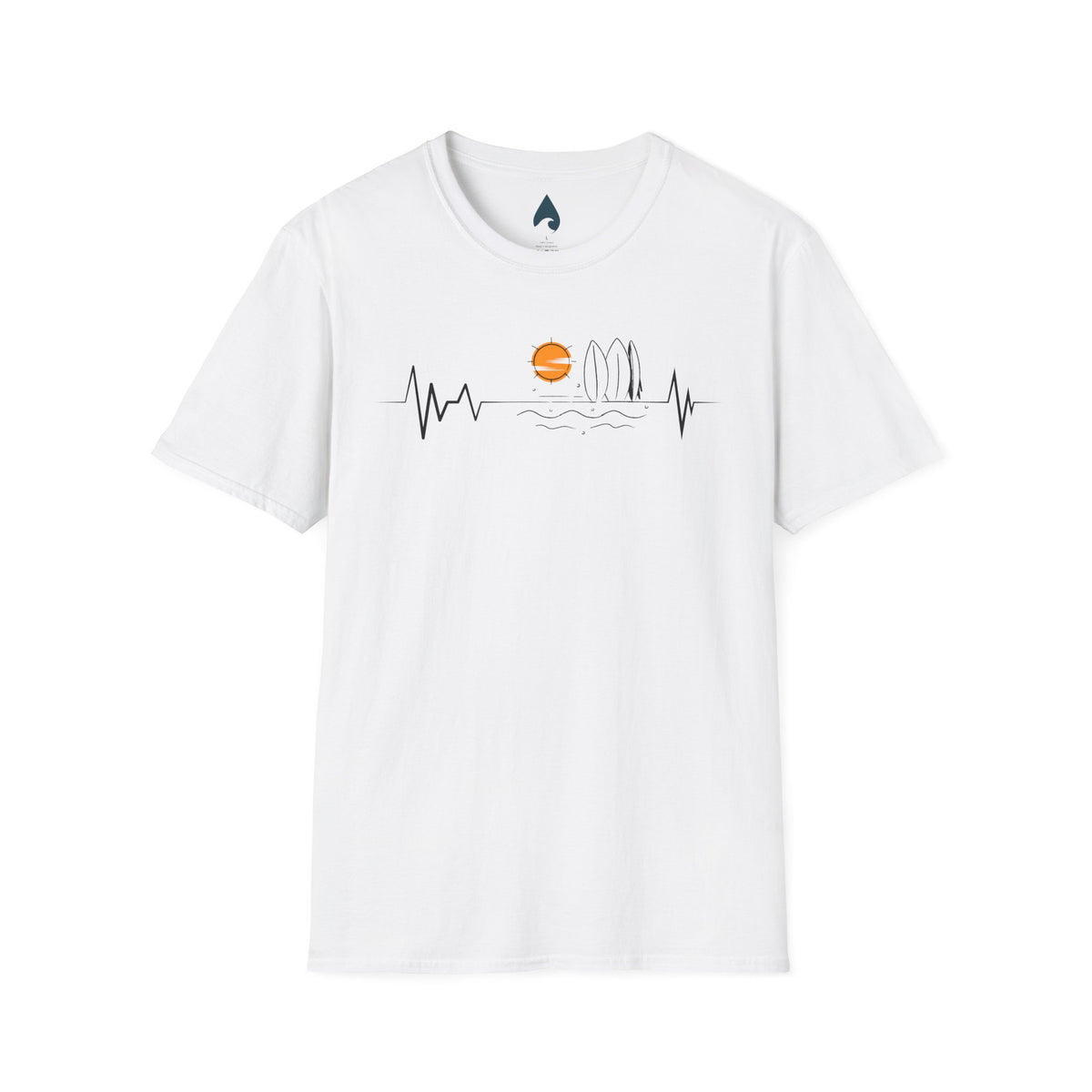 White T-shirt front with orange sunset, island wave outline and black heartbeat line