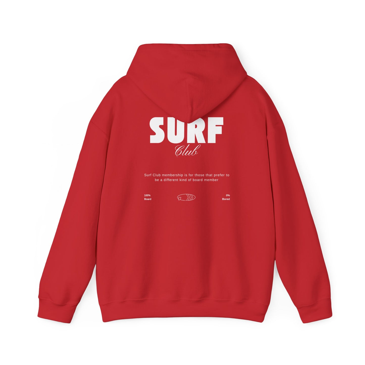 Red hoodie with 'SURF Club' text, 100% Board, 0%Bored on the back - Island Drops hoodie collection | Unisex pullover