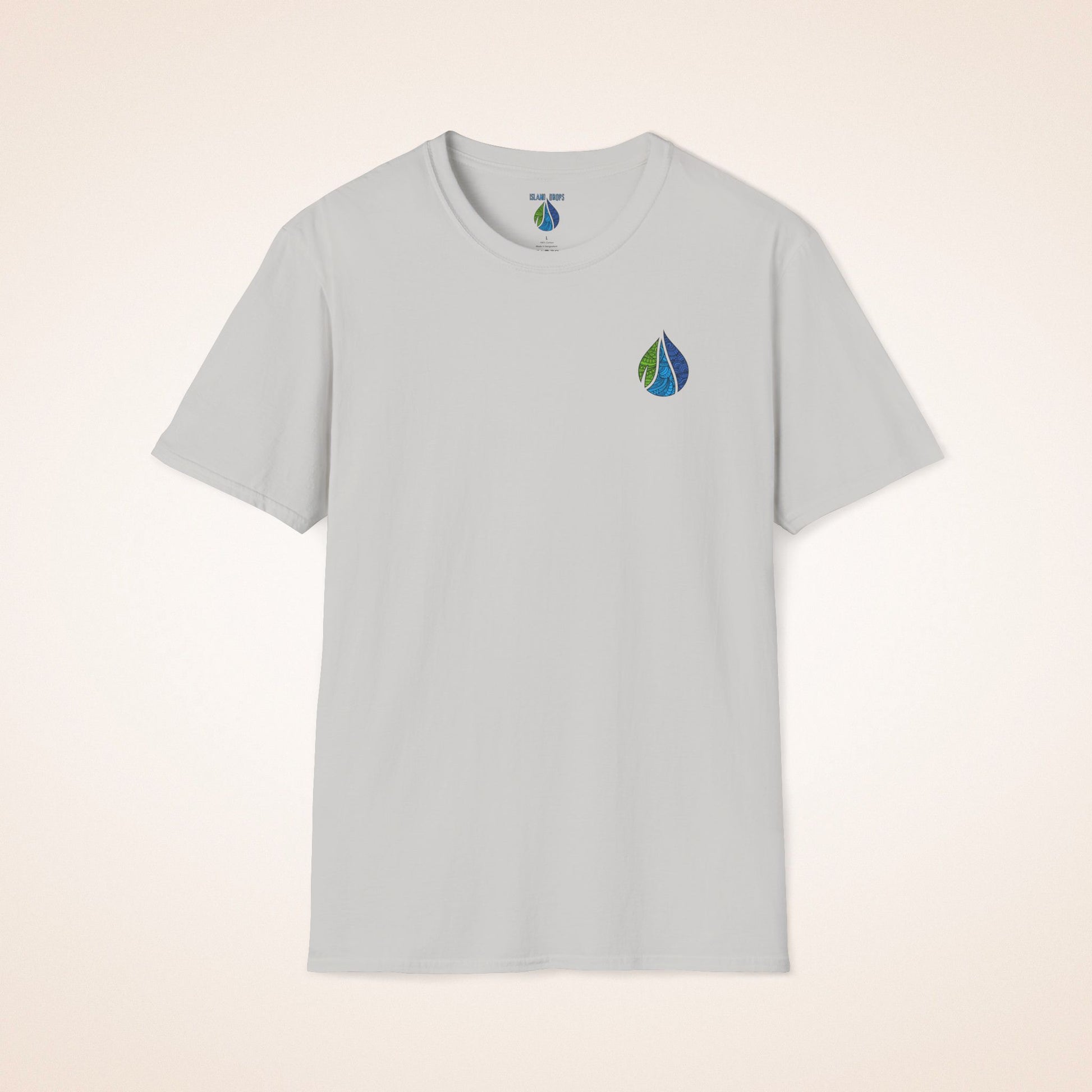 Grayt-shirt with Island Drops logo on the front chest and 'BOARD MEMBER' text and colorful surfboard icons on the back - Island Drops t-shirt collection | Unisex t-shirts