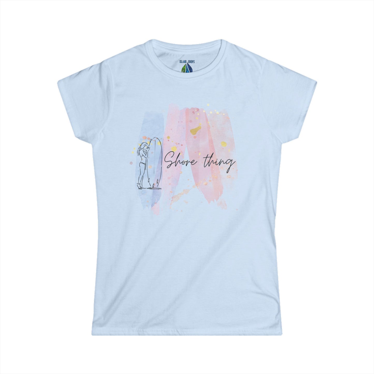 Light blue women's cut t-shirt with 'Shore Thing' graphic design, surfboard and watercolor - Island Drops Women's collection | Women's cut t-shirt