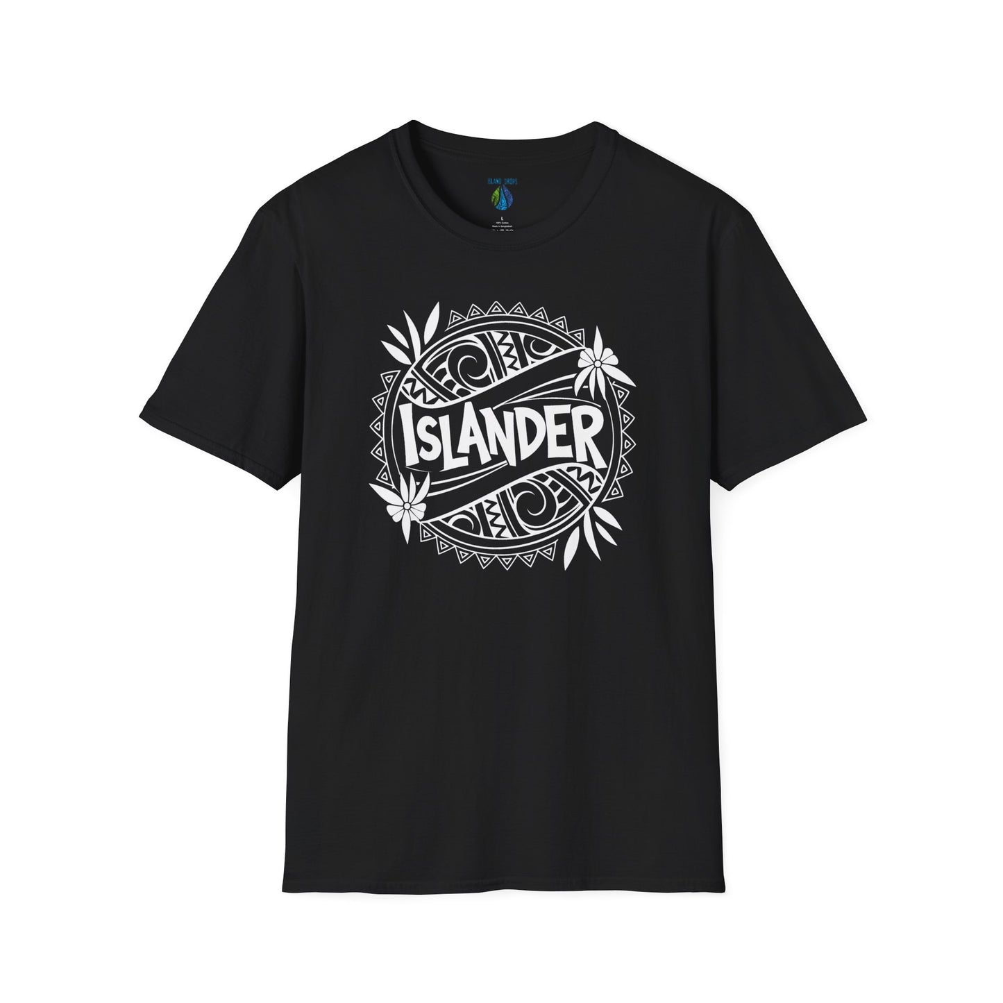 Black t-shirt with 'ISLANDER' tribal graphic design - Island Drops T-shirt collection | Unisex t-shirt