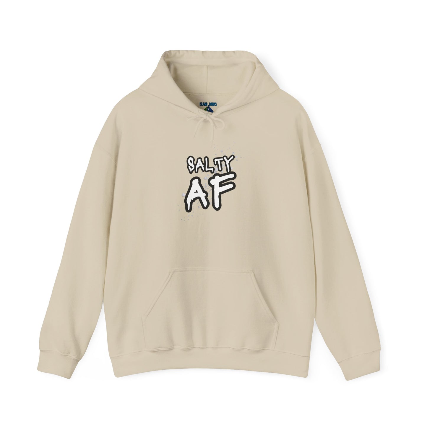 Beige hoodie with 'SALTY AF' text graphic design - Island Drops hoodie collection | Unisex pullover