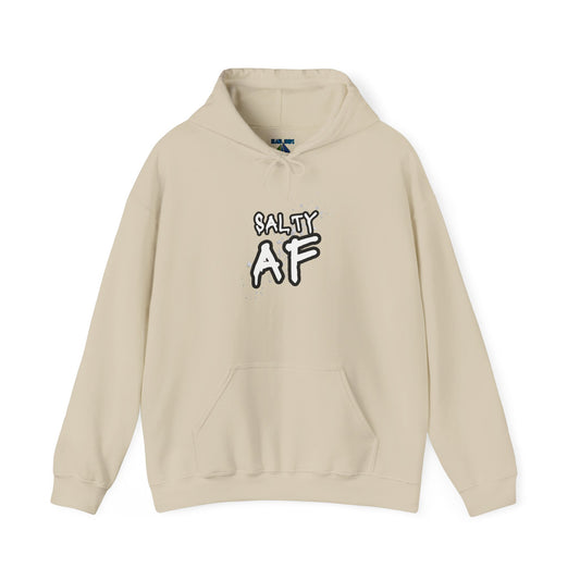 Beige hoodie with 'SALTY AF' text graphic design - Island Drops hoodie collection | Unisex pullover