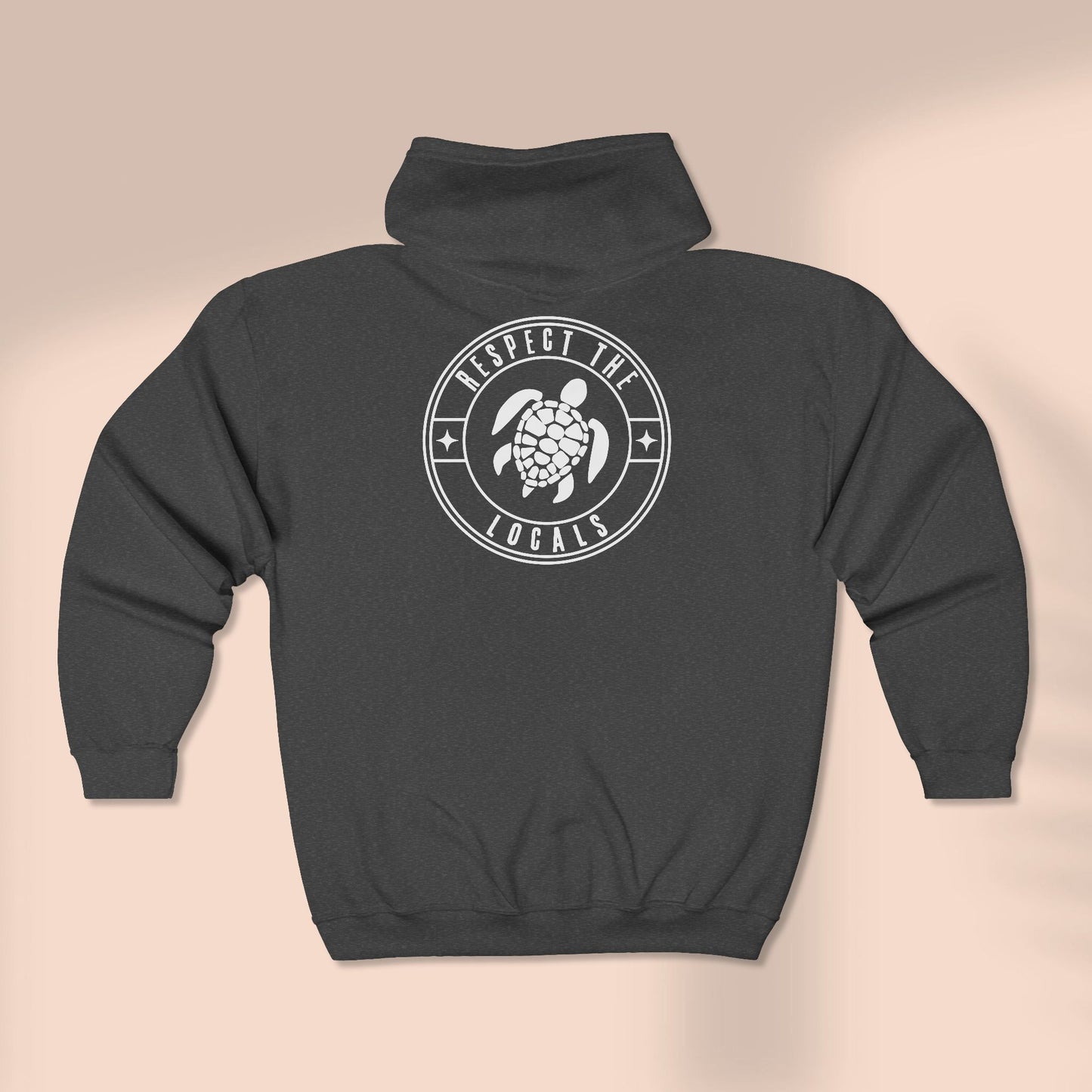 Back of full zip hoodie with a stylized watercolor turtle graphic design with 'RESPECT THE LOCALS' text - Island Drops hoodie collection | Unisex zipper hoodie