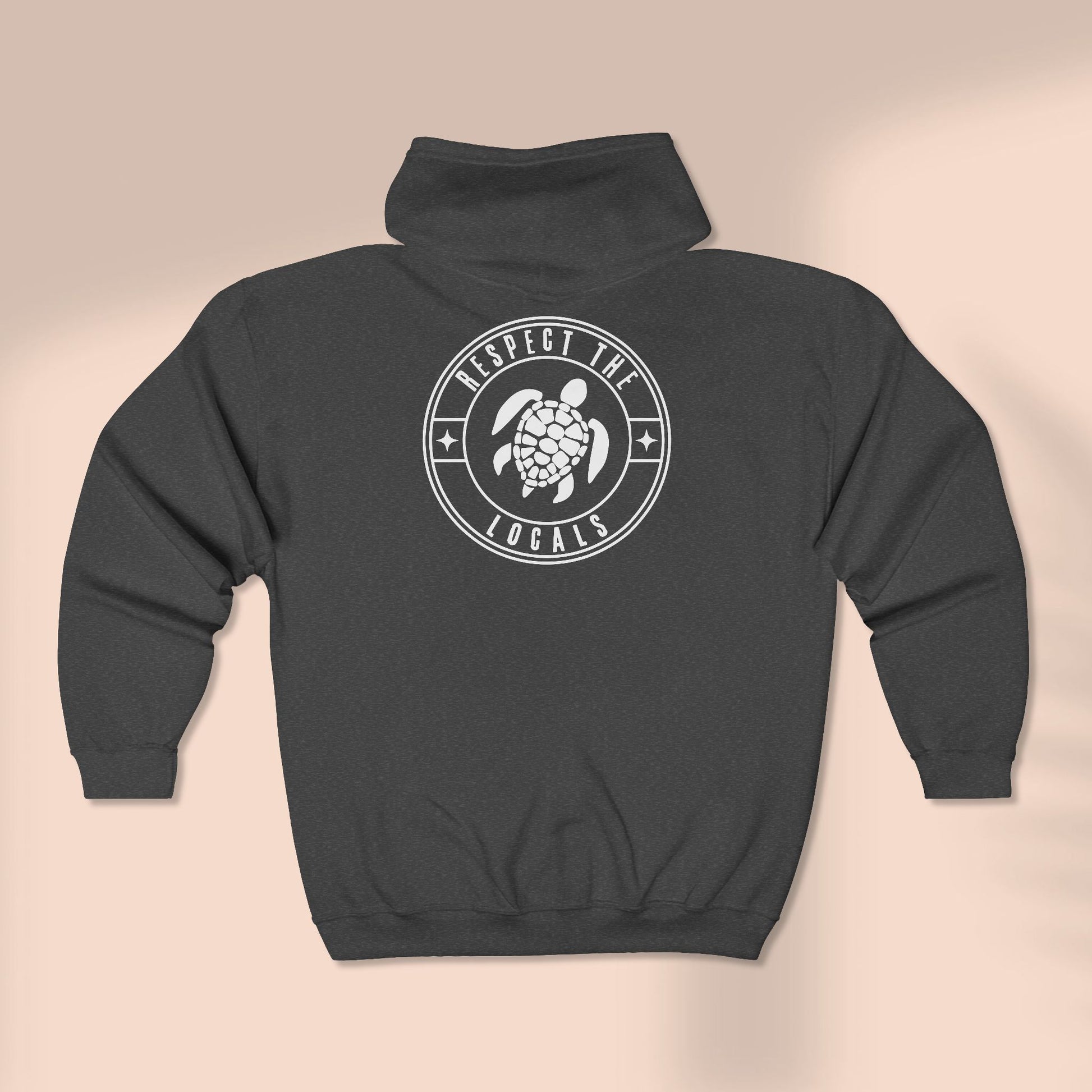 Back of full zip hoodie with a stylized watercolor turtle graphic design with 'RESPECT THE LOCALS' text - Island Drops hoodie collection | Unisex zipper hoodie