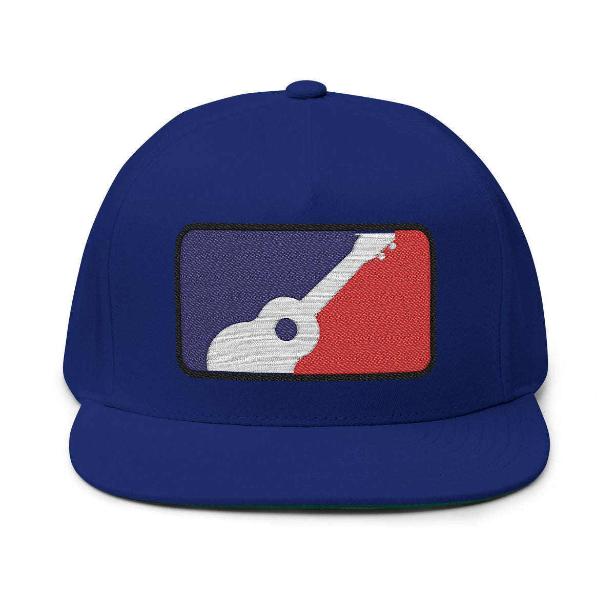 Blue flat-bill snapback cap with red, white, and blue ukulele patch