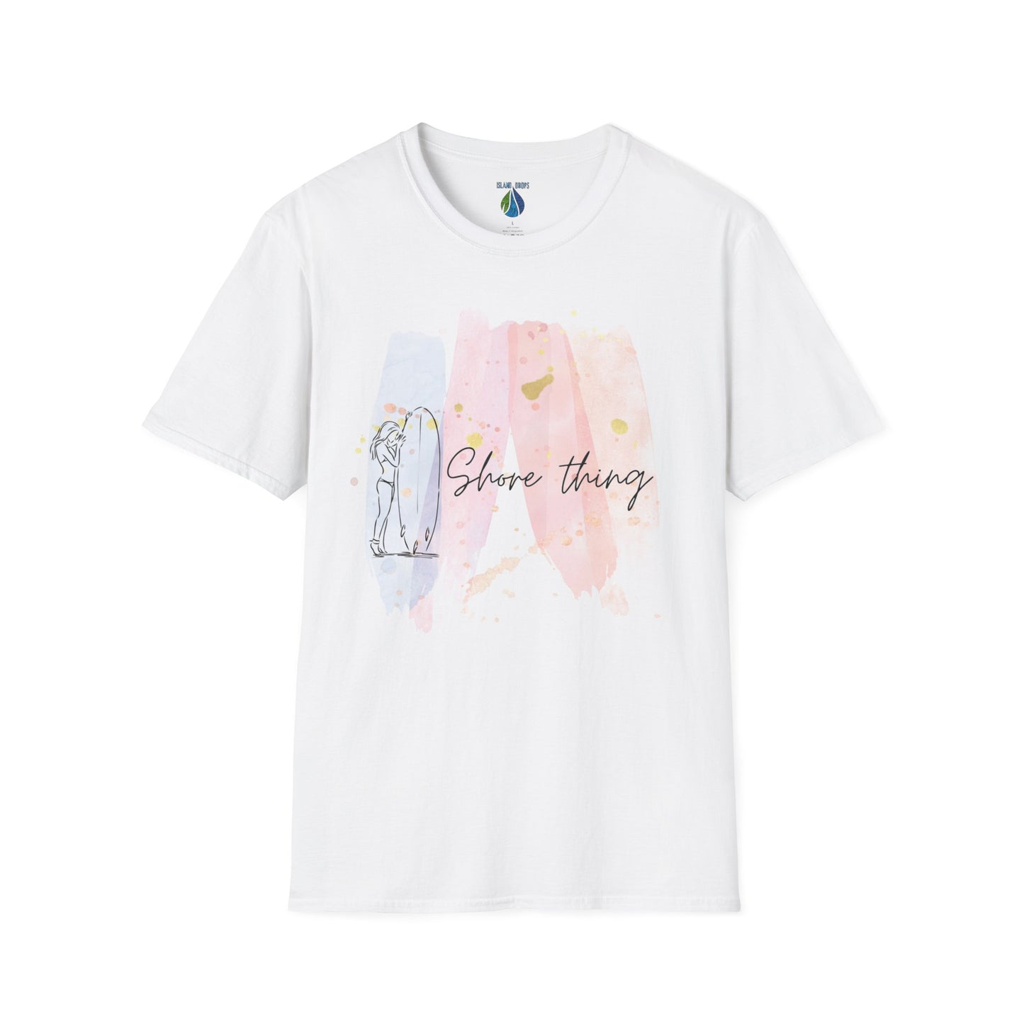White t-shirt  with 'Shore Thing' text and watercolor and surfer girl graphic design - Island Drops t-shirt collection | Unisex t-shirts