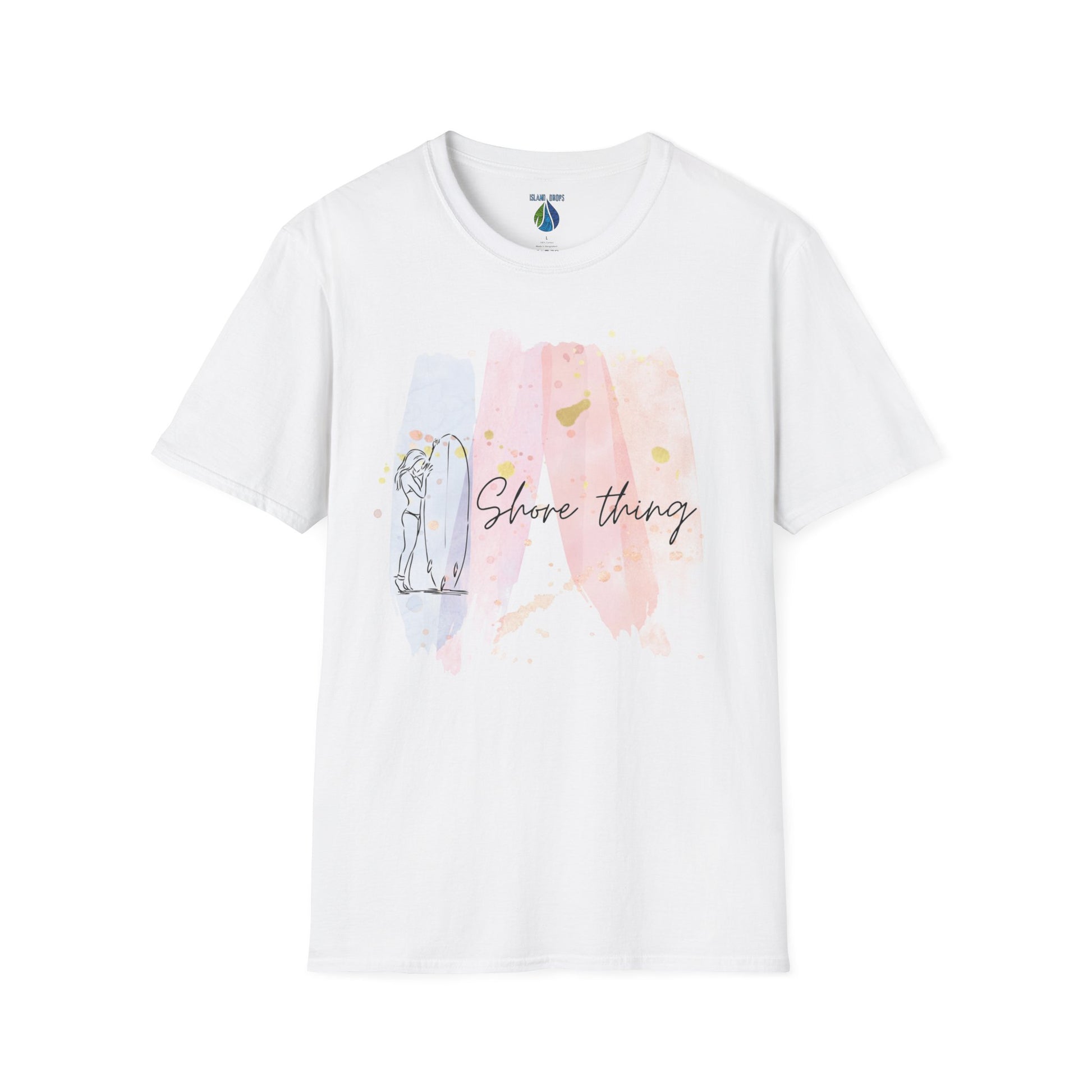 White t-shirt  with 'Shore Thing' text and watercolor and surfer girl graphic design - Island Drops t-shirt collection | Unisex t-shirts
