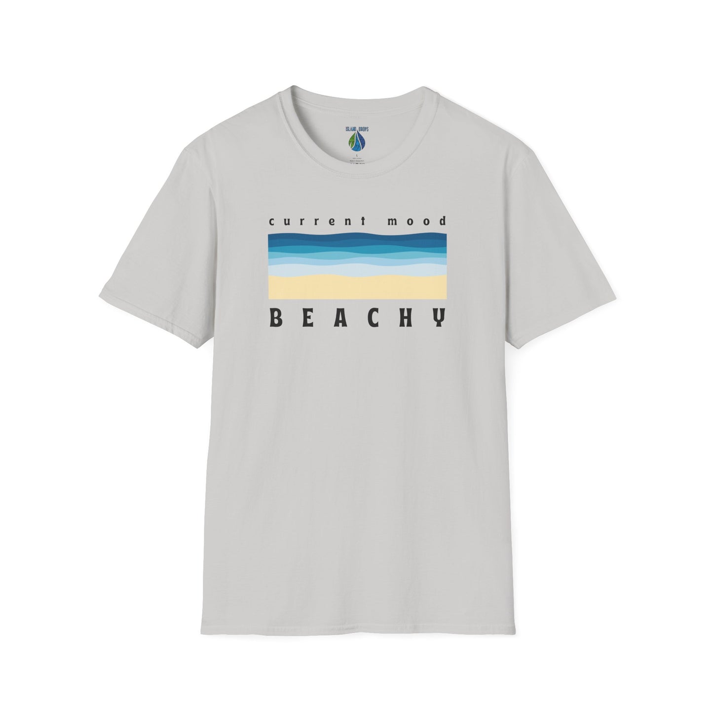 Gray t-shirt with 'Current Mood Beachy' design with a stylized beach and ocean graphic design - Island Drops t-shirt collection | Unisex t-shirts