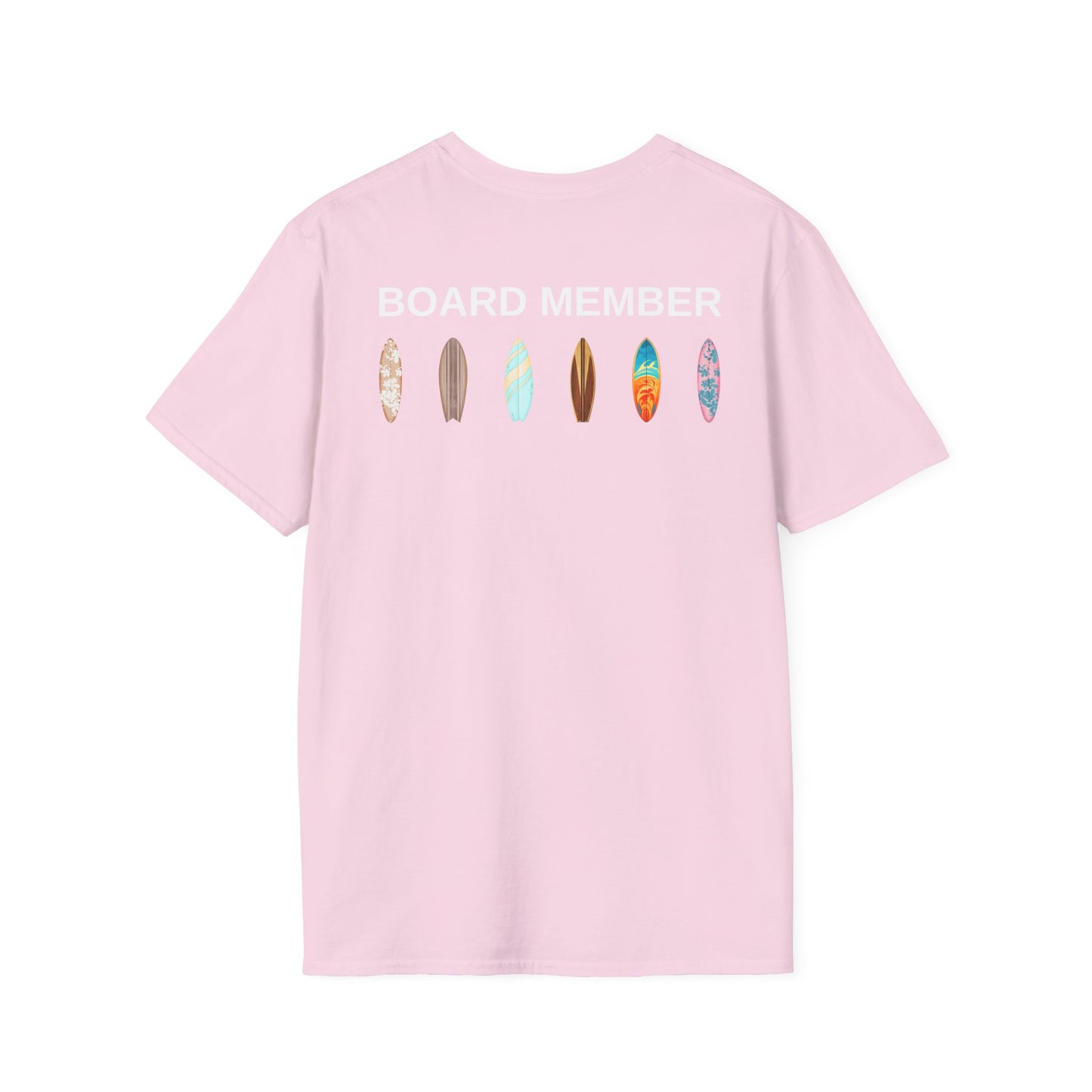 Pink t-shirt with 'BOARD MEMBER' text and colorful surfboard icons on the back - Island Drops t-shirt collection | Unisex t-shirts