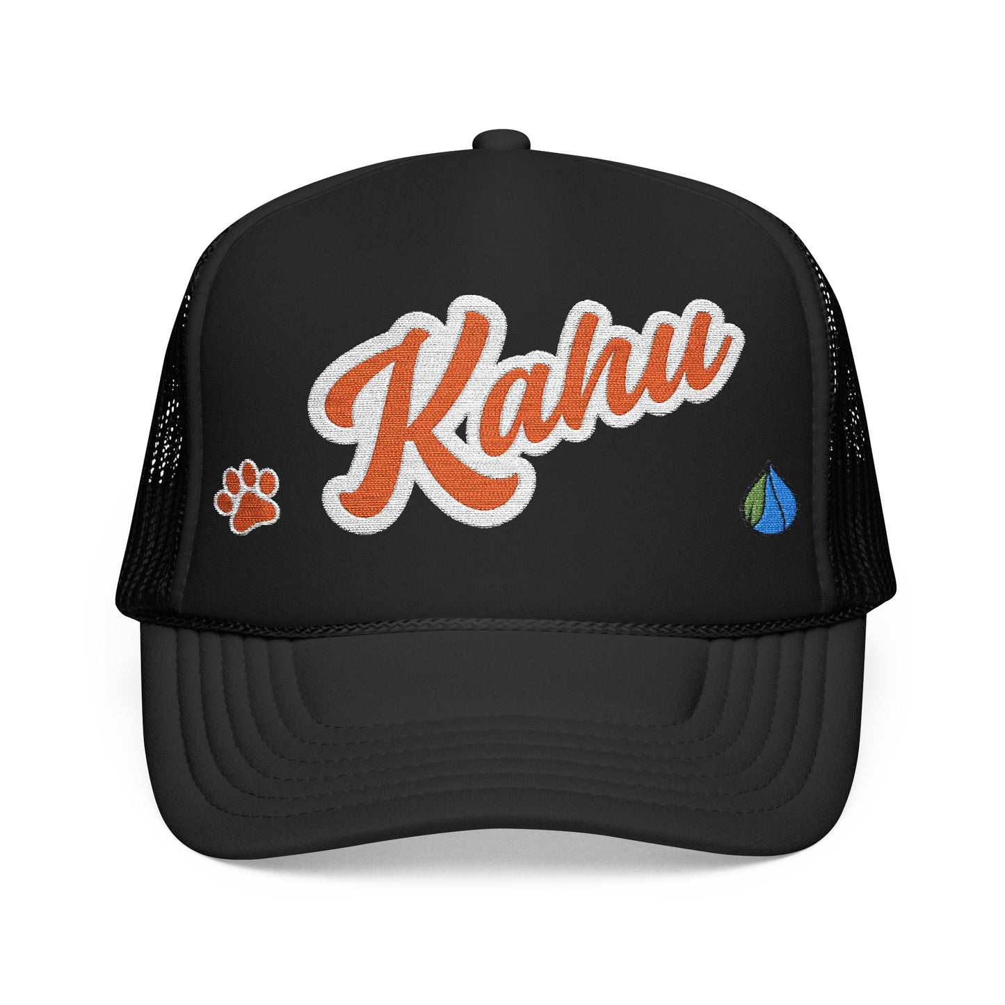 Black trucker hat with 'Kahu' text and paw print design on a white background  - Island Drops hat collection | Unisex cap