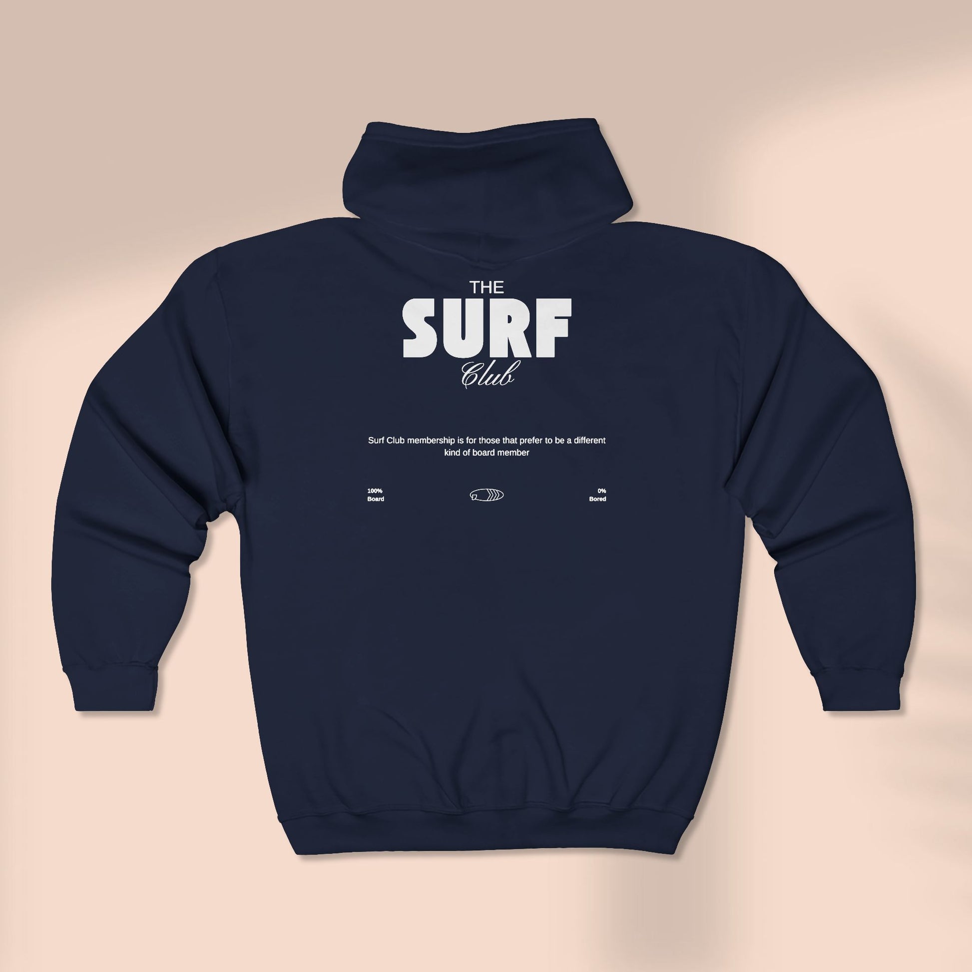 Back of full zip hoodie with  'THE SURF CLUB' text, 100% BOARD, 0% BORED - Island Drops hoodie collection | Unisex zipper hoodie